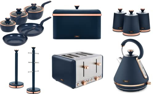Tower Cavaletto Ultimate Kitchen Set in Midnight Blue & Rose Gold with Pyramid Kettle, 4 Slice Toaster, Bread Bin, 3 Tea, Coffee & Sugar Canisters, 6 Cup Mug Tree, Towel Pole & 5 Piece Pan Set
