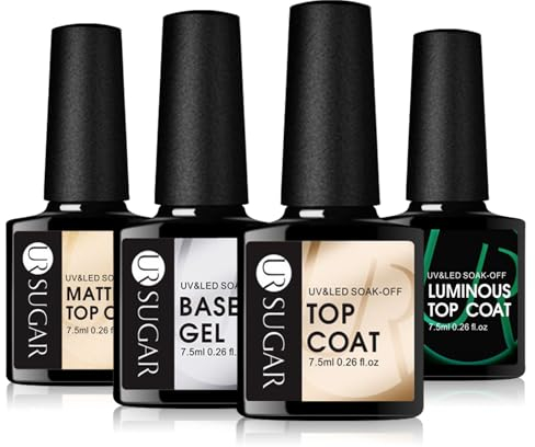 UR SUGAR No Wipe Base and Top Coat, 4 Pcs Glow in The Dark Matte Glossy Shine Finish Gel Base Top Coat Kit Long Lasting Soak Off LED Gel Nail Polish For Home DIY and Nail Salon