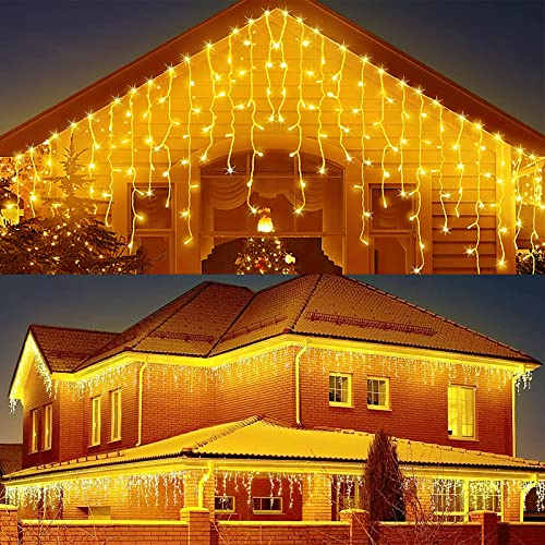 JIMACRO Luci Decorative da Esterno Solari, 16pcsx0.8M 128 LED Stringa 5M Lucine Natale Cascata, Impermeabile, 8 Modalità Tenda Luminosa
