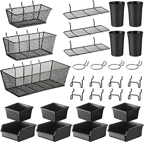 Sieral Lot de 30 accessoires de rangement pour panneau perforé comprenant des étagères et des paniers de rangement, des bacs, des boucles, des tasses avec porte-gobelet pour garage, chambre, outils de