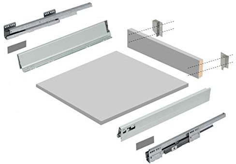 AZERODESIGN- Cajón de cocina altura 84mm con guías de freno, varillas laterales y maderas de base trasera incluidas, rieles de hasta 50 kg de peso, color en gris, fondo de 50 cm
