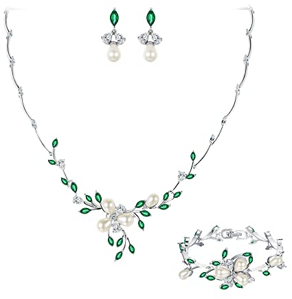 EVER FAITH CZ simulierte Perle Blume Blatt filigrane Halskette Ohrringe Armband Set Grüne Silber-Ton