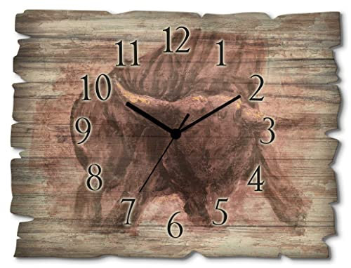 ARTLAND Wanddeko Wanduhr ohne Tickgeräusche aus Holz Funk Uhr lautlos Rechteckig 40x30 cm Tiere Stier Bulle Hörner Kampf Katalonien Spanien Vintage Rustikal T4IU