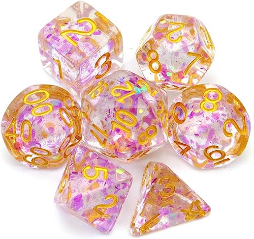 Haxtec DND Würfel Set Lila 7PCS Polyederal D&D Würfel RPG Dungeons und Drachen-Lila Grün Shift Glitter Flakes-Fantasy Traum