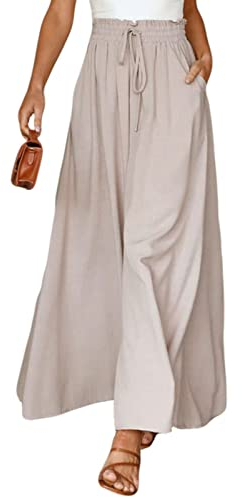 ASKSA Damen Breites Bein Hose Sommer Hohe Waist Plissee Hosen Elegante Einfarbig Leicht Hosenrock Sommerhose mit Tasche Freizeithose (Aprikose,XXL)