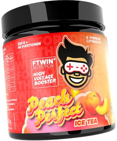 FTWIN HIGH VOLTAGE BOOSTER | Für GAMER und E-SPORTLER | REFLEX – FOCUS – ENERGY – ENDURANCE | 320 g = 40 Portionen (320 g, Peach Perfect)