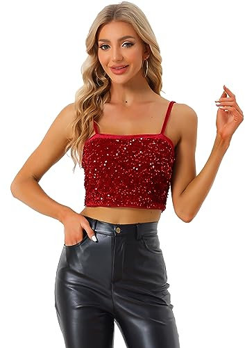 Allegra K Damen Pailletten Oberteil Ärmellos Tanktop Spaghettiträger Glitzer Cami Party Crop Top Rot M