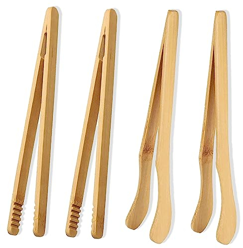 4PCS Toast Tongs, Bamboo Toaster Tongs, Reusable Bamboo Kitchen Tongs for Cheese Bread BBQ Fried Food Bread