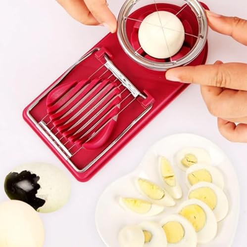Egg Slicer Cutter 2-in-1, Stainless Steel Multifunctional Slicer Chopper and Egg Dicer, Egg Vegetable and Fruit Slicer Tool (Red)