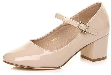 AJVANI Womens Ladies mid Block Heel Strap Work Evening Party Mary Jane Court Shoes Size 4 37 Nude Patent
