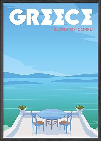 JUNOMI® Griechenland Poster XL, DIN A2 Wohnzimmer Deko, Modernes Wandbild, Griechenland Bild, Reiseposter, Griechenland Wandbild | Mit Rahmen Schwarz