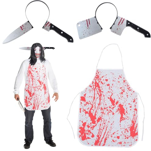 LYNBLY Déguisement Boucher Halloween, Halloween Tablier Sanglant, Costume Boucher Halloween avec serre tete couteau, pour d'Halloween Carnaval Fête Mascarade Jeu de Rôle
