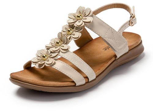 JOMIX Sandale Femme avec Fleurs Sandales Plates Femme Été élégantes Confortable pour Maison Plage (Beige, 39)