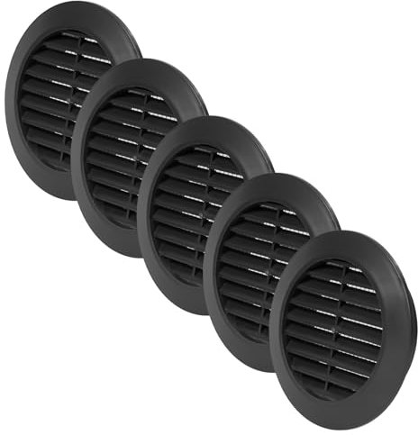 Vent Systems 5 Stück 70 mm Schwarz Luftregister – Lüftungsgitter durch die Tür - Mit Insektenschutzgitter - runde Lüftungsgitter für den Innenbereich – Badezimmer, Schrank, Garage