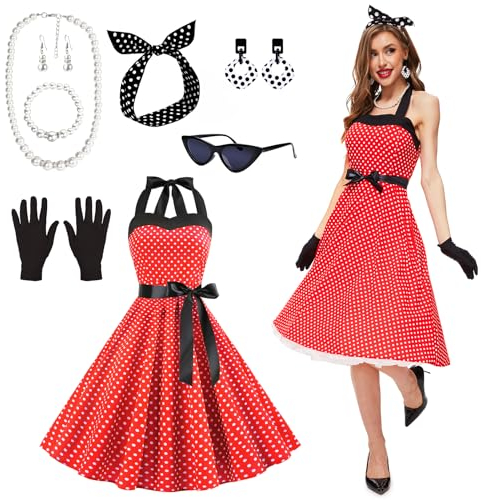 JONRRYIN 50er Jahre Kostüm Damen, 9 Stück Rockabilly Accessoires Mit Katzen Auge Brille, Ohrringe, Stirnband, Halskette, Handschuhe für Motoparty Retro Party