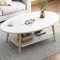 Table basse blanche pour salon, table d'appoint elliptique, table basse avec pieds de table en bois, table de cocktail de 100 cm avec étagères de rangement, table basse à 2 niveaux pour appartement,