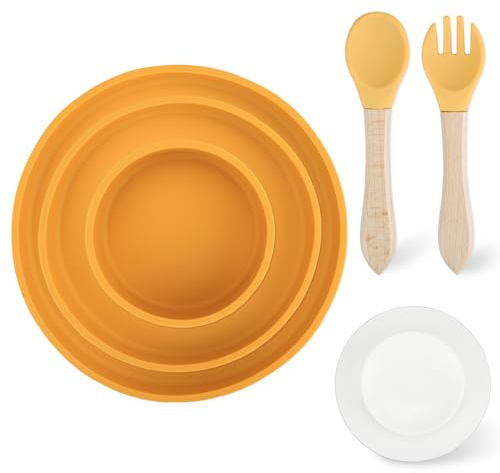 Mulaibdin 3 Piezas Platos Bebe, Plato Bebe Ventosa Desmontable, Plato Silicona Bebe, Cuenco Silicona Bebe Snack, Cubiertos Infantiles con Cucharas y Tenedor, Sin BPA (Amarillo)