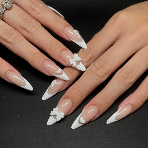 Hebterrka Lot de 24 ongles artificiels 5D avec motifs floraux, dentelle française, avec breloques, nœuds et cœurs pour filles
