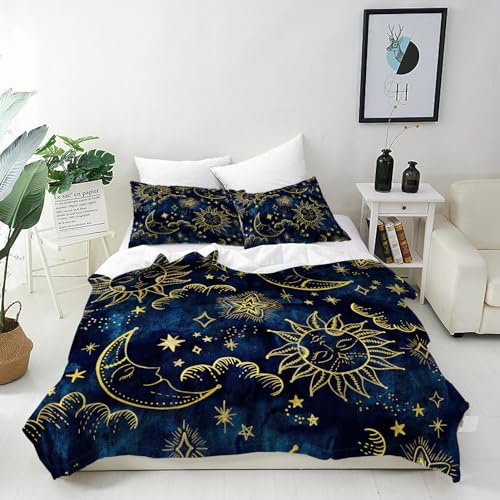 ANHOPE Astrologie Sonne Mond Sterne Bettwäsche Set 3 Teilig Weich Bettbezug 155x220 cm & 2 Kissenbezug 80x80 cm Microfaser Bettbezüge Set mit Reißverschluss Ganzjahres Bettdeckenbezug Set