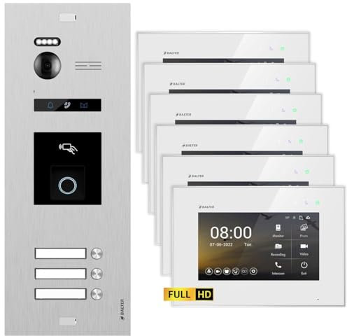 Balter EVO HD Silber/Weiß Video Türsprechanlage mit Fingerprint Set für 3 Familienhaus (1x Türstation mit Full HD-Kamera, 6X 7 Zoll Monitor, 2-Draht Bus, RFID, 175° Weitwinkel)