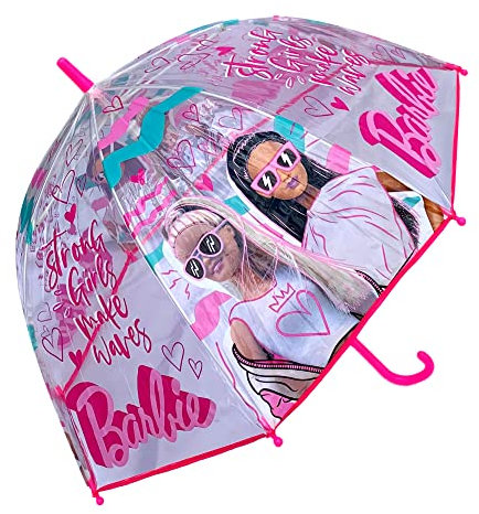 CARTOON Ombrello a cupola Barbie per bambine ombrello trasparente con manico a U 8 raggi apertura manuale antivento