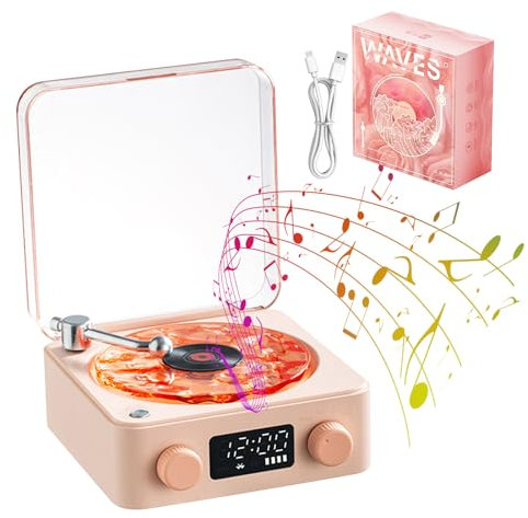 The Waves Vinyl Player, Upgraded Vinyl Record Player with RGB Light, Waves Vinyl Bluetooth Speaker, 3 Mode Stereo Sound Sleep Aid with 4 Sounds of Nature (Pink)