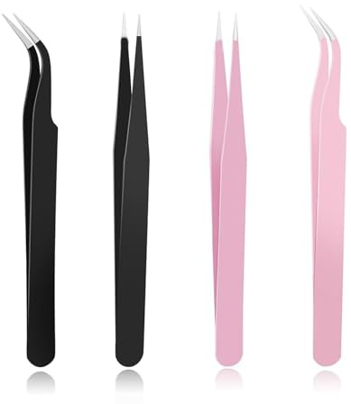 CALLYSONIC 4x Wimpernzange, Pinzetten Set, Edelstahl Pinzette, Wimpernverlängerung, Geraden und Gebogenen Spitzen, Pinzette Spitz, Wimpern Pinzette, Eyelash Curler zur Verlängerung Falscher Wimpern