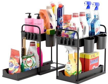 DMD Collective – Under Sink Storage 2pcs, Kitchen Organiser, 2 Tier Under Sink Shelf with Slide Out Draw & 2 Hanging Cups Multi-Purpose Storage For Kitchen, Bathroom and Laundry