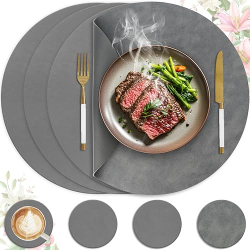 4er Set Tischset aus Leder-Imitat，Platzsets abwaschbar und wasserdicht，Platzdeckchen Lederoptik mit Untersetzer,Tischuntersetzer Doppelseitigen rutschfest(Rund,Grau+Dunkelgrau)