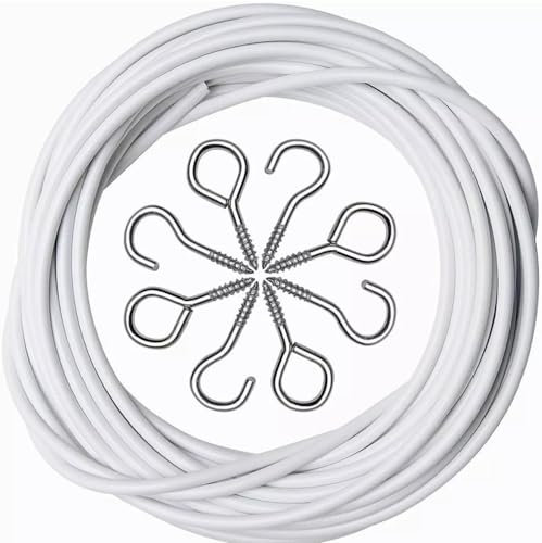 Net Curtain Wire with Hooks and Eyes - 5m Extra Strong Curtain Wire with 12 Hooks and 12 Eyes - Perfect Curtain Wire Kit, White