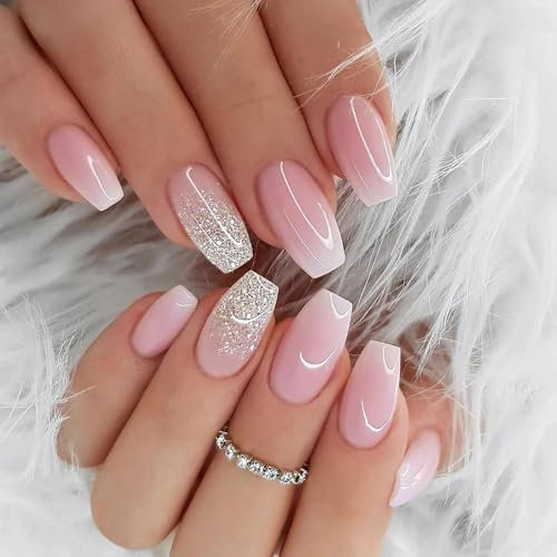 24 Pcs French Tip False Nails - Silver Glitter Press On Short Square Ballerina Acrylic Full Cover with Adhesive - Pink Gradient Stick On for Women
