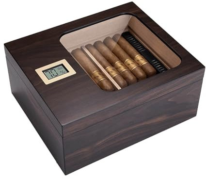 RYRYR Zigarren-Aufbewahrungsbox, Reise-Humidor, 1 Stück mit Hygrometer und Luftbefeuchter, Glasdeckel for 55 Zedernholz-Zubehör(Walnut grain)