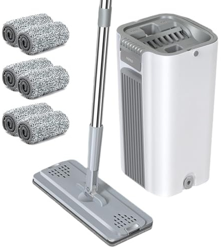 Juego de cubo de trapeador - Fregona de microfibra para suelo, cubo de trapeador plano | Fregona para pasteles y cubo con 6 almohadillas de microfibra lavables, cubo multiusos, fregona para azulejos