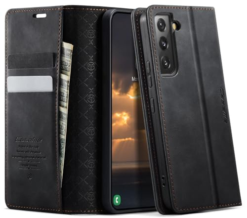 CaseMe für Samsung Galaxy S22 Hülle, Magnet Leder Klapphülle RFID Schutz | Retro PU Leder, 2 Kartenfach, Standfunktion, Stoßfest, Flip Case, Handyhülle für Galaxy S22 5G 6,1'', Schwarz