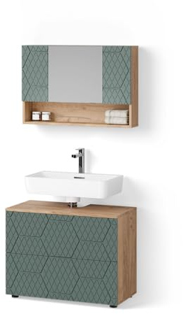 Livinity Badmöbel-Set Ronco Grün/Goldkraft Eiche | 2 Teile, Unterschrank 80 cm