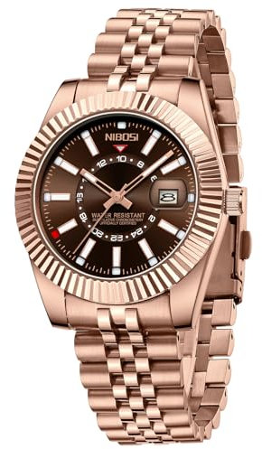 NIBOSI Armbanduhr für Herren Business-Dress-Stil analoges Quarzwerk luxuriöse wasserdichte Armbanduhr Datumsanzeige Edelstahlarmband klassisch-modische Herrenuhr，RoseBraun