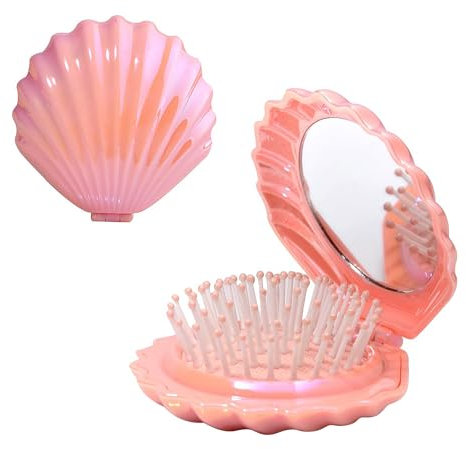 Brosses à cheveux mini coquille, Peigne D'été Pliable Avec Miroir, Forme de Coquillage Brosse,Portable Brosse pour Femme Voyage Vacances été de Plein Air Petit Brush (Rose)