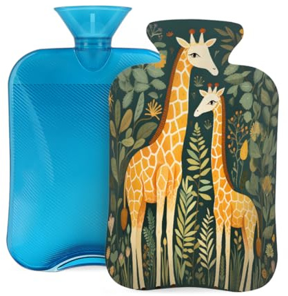 Myfsucce Wärmflasche mit Bezug, tropische Blätter, Giraffen-Druck, wiederverwendbarer PVC-Wärmbeutel zur Schmerzlinderung, Krämpfe und Wärme, 31 x 20,3 cm, 2 l