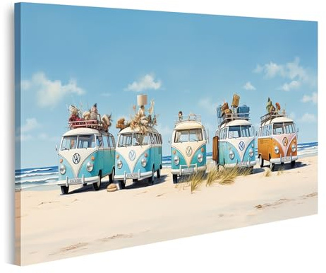 islandburner Leinwandbild Kult T1 Busse am Strand in einer Sommeridylle mit Wolken und Sand - Leinwand 100x57cm