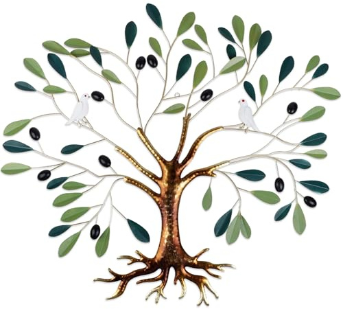 Fangoo Metall Baum des Lebens Wanddekoration Großer Baum des Lebens Wanddeko Metall Ausgestattet mit Grüne Olivenblätter und Friedenstaube für Wohnzimmer Schlafzimmer und Gärten(55x66CM)