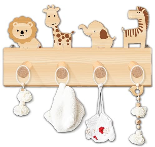 CALLYSONIC Kindergarderobe aus Holz, Garderobe Kinder mit 4 Haken, 40 x 25 cm Garderobenleiste Holz, Wandgarderobe mit Tiermotiven, Garderobenhaken Kinder für Kinderzimmer Deko, Taufe Geschenk