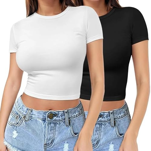 2 Pack Crop Tops for Women Crew Neck Short Sleeve Summer T Shirts Basic Slim Fit Skims Top Ladies Going Out Solid Black White Tunic Top Casual Base Layer Tee Stretchy Blouse Cute Y2K Clothes