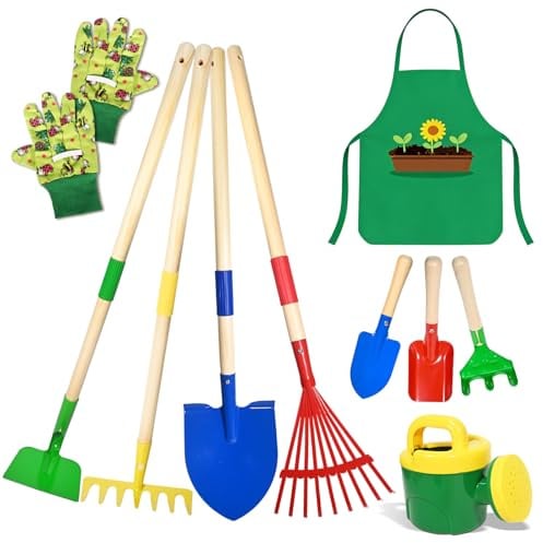 Outils Jardinage Enfant, 10 Kit Jardin Métal avec Pelle, Râteau, Fourche, Gants de Travail, Tablier, Arrosoir, Ensemble Complet de Jardinage pour Enfants, Jardin Extérieur, Cour, Pelouse (B)