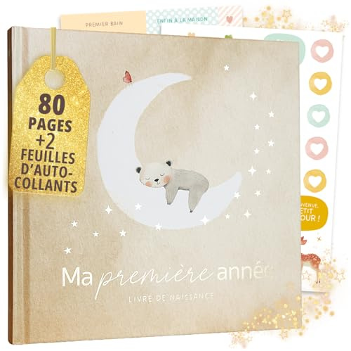 Livre de naissance Ma première année + set d’autocollants I Album photo bébé avec lettrage or I 80 pages à remplir I Cadeau de naissance pour fille et garçon I Cadeau spécial bébé (Nature)