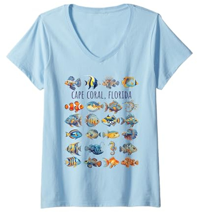 Damen Cape Coral Florida Buntes Fisch-Design T-Shirt mit V-Ausschnitt
