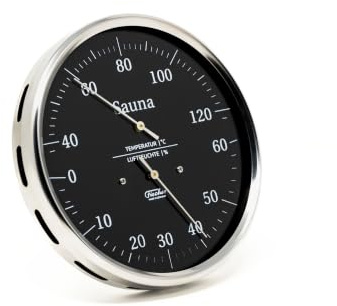 Fischer 194.01-06 Sauna-Thermohygrometer, Glas, Edelstahl, Thermohygrometer | Haar-Hygrometer und Bimetall-Thermometer , schwarzes Ziffernblatt, 130mm Durchmesser, Made in Germany