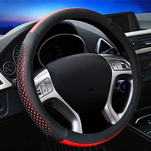 Universal Passend Auto Lenkradhülle Lenkrad Abdeckung Lenkradbezug aus PU Leder 38CM / 15'' Lochperforation Rutschfest Lenkradschutz Lenkradabdeckung Lenkradschoner für Damen - Schwarz & Rot