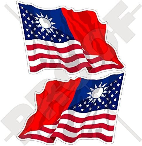 USA Vereinigte Staaten von Amerika und TAIWAN Republik China RoC, Amerikanisch und Taiwanesische Wehende Flagge, Fahne 75mm Auto & Motorrad Aufkleber, x2 Vinyl Stickers (Links - Rechts)