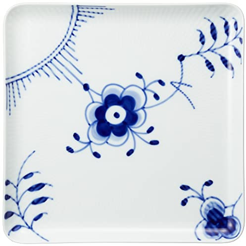 Royal Copenhagen Blue Fluted Mega Blue Ribbed Porcelain Square Plate, 20 cm, 1027458, Blue/White