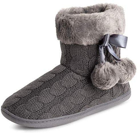 Polar Womens Memory Foam Pom Pom Winter Faux Fur Luxury Plush Cosy Anti Slip Indoor Outdoor Slippers - Grey Knitetd - UK9/EU42 - YC0715